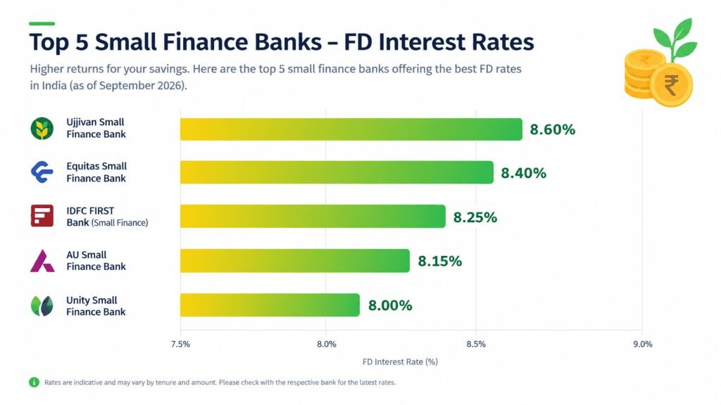 Bar chart comparing FD interest rates of Unity, Suryoday, Shivalik, Utkarsh, and Jana Small Finance Banks