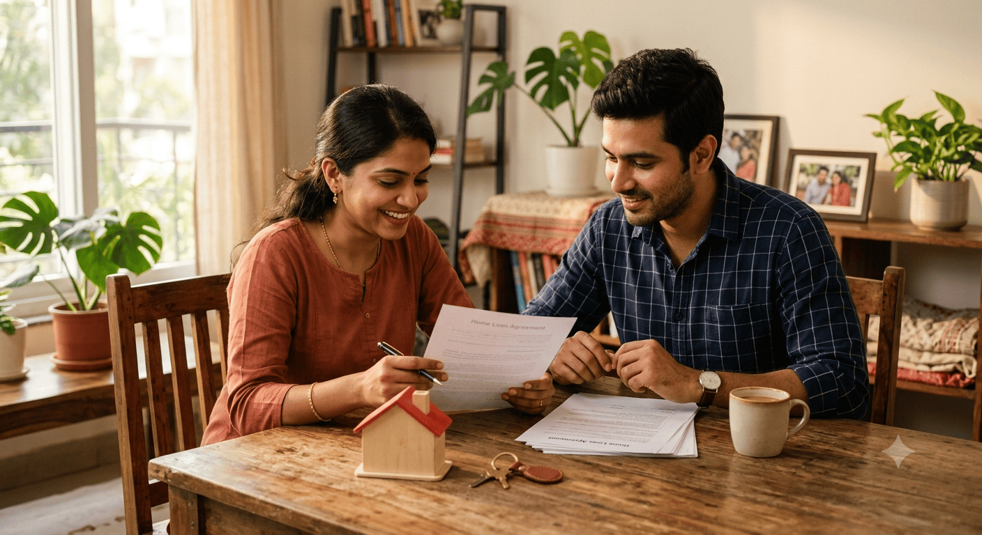 A young Indian couple reviewing home loan paperwork with a house key, symbolising subsidy-backed homeownership.