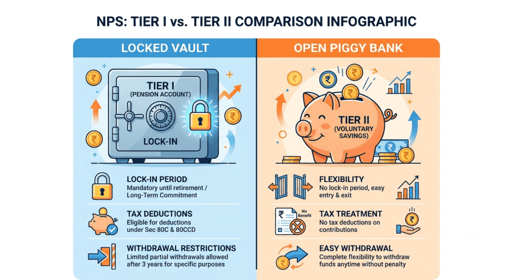 NPS Tier I vs Tier II — the lock-in, tax and withdrawal differences in one view.