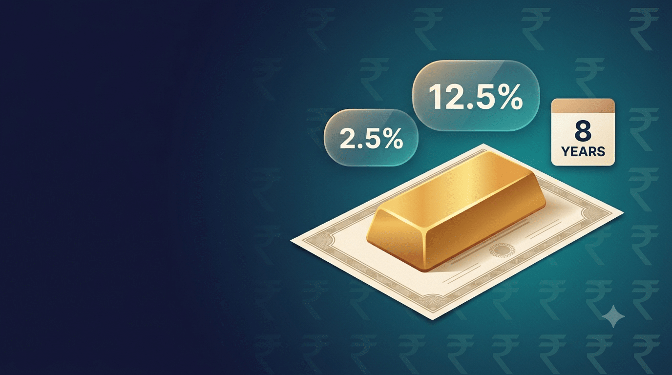 Gold bar beside a Sovereign Gold Bond certificate with 2.5% interest and 12.5% tax markers, illustrating SGB rules in India 2026