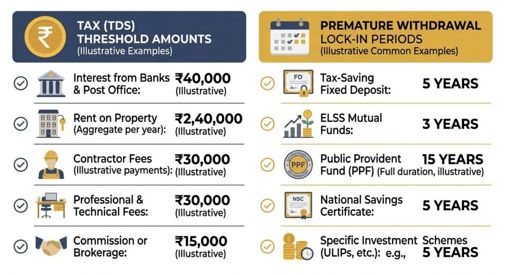 Quick-reference chart of FD TDS thresholds and premature withdrawal rules in India